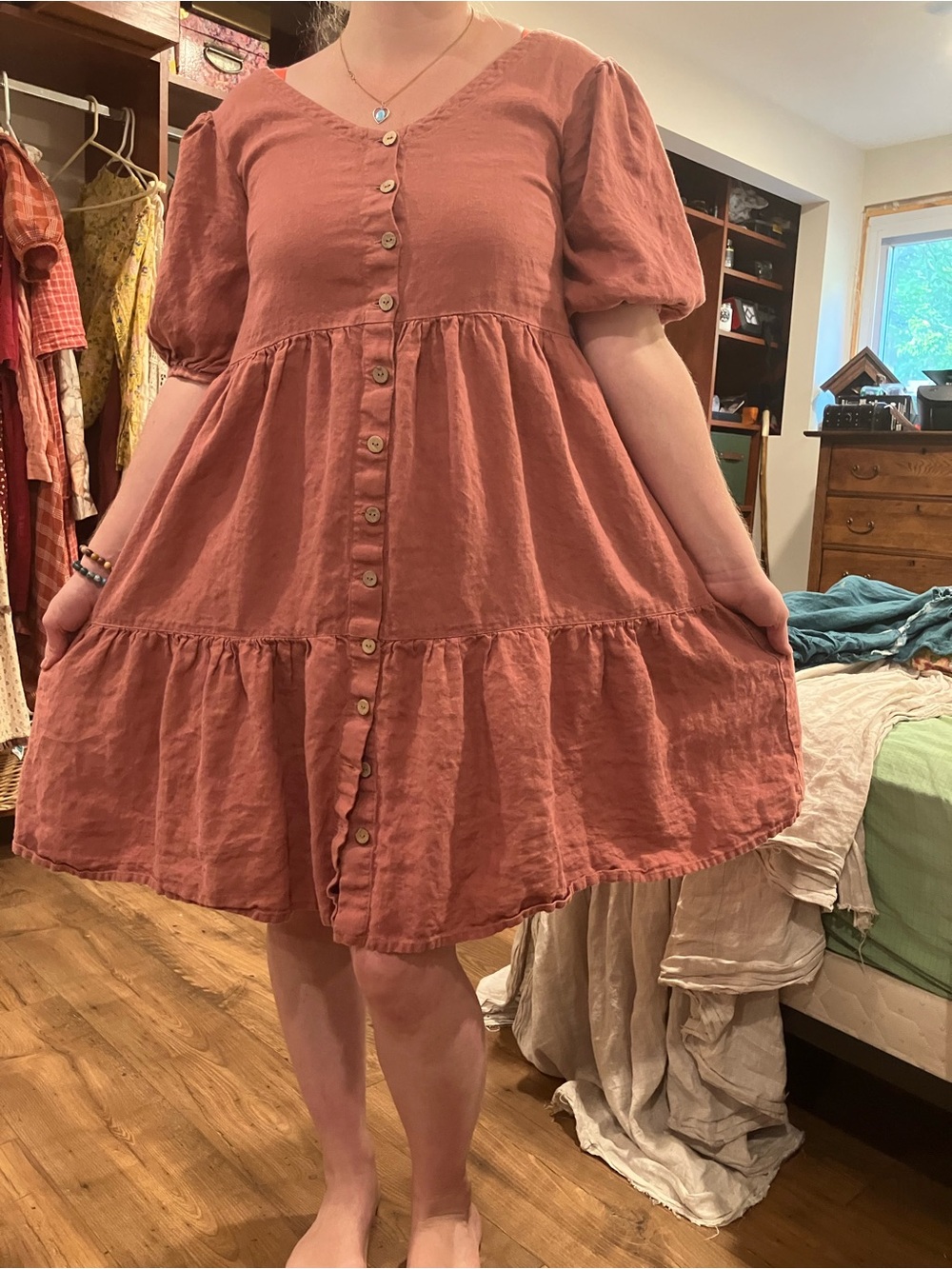 notPERFECTLINEN cinnamon rose Tiered Button-Front Puff Sleeve Dress